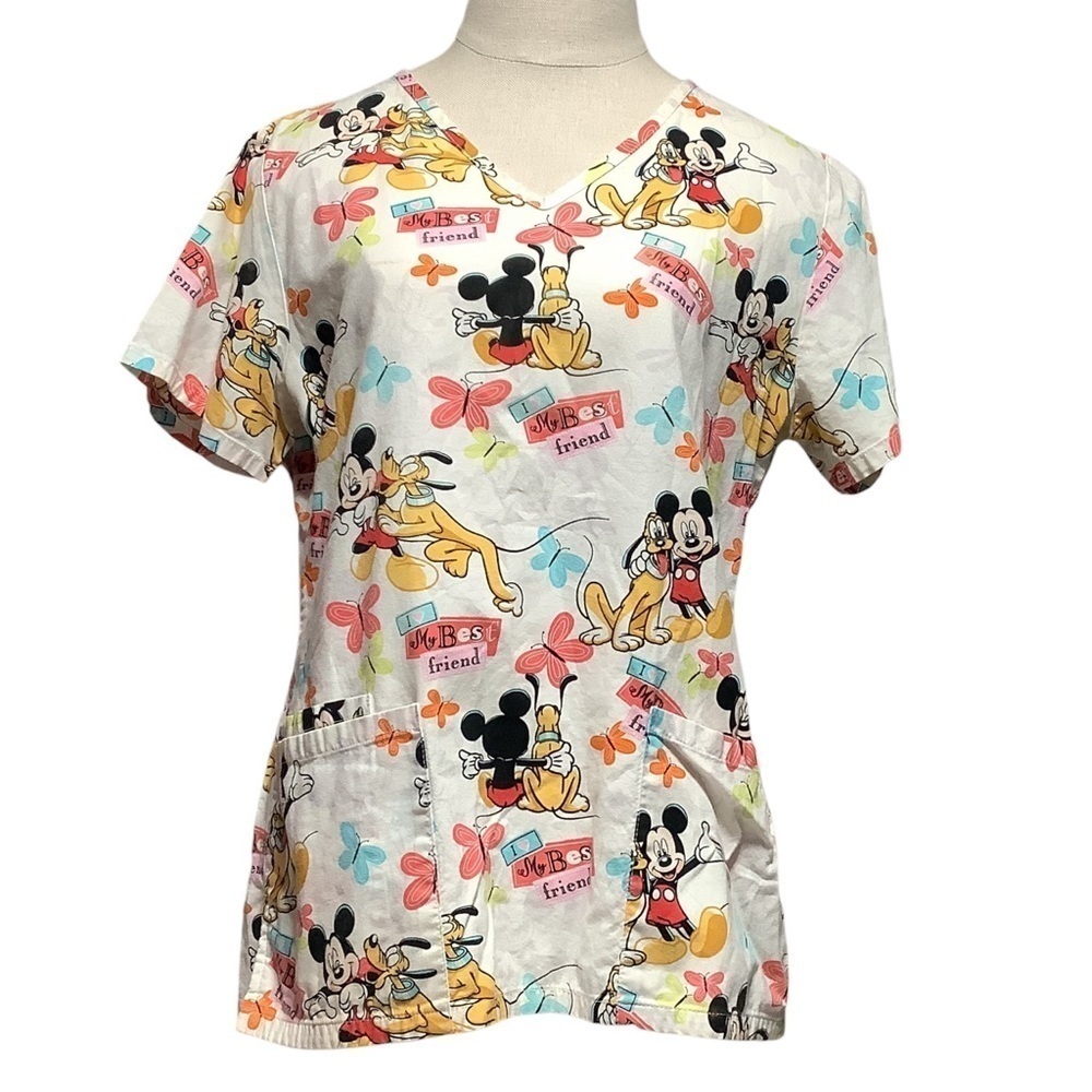 DISNEY Mickey & Goofy Best Friends Scrub Top - Size XS